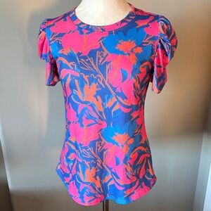 Floral Print Puff Sleeve Top - Blue & Pink in Small